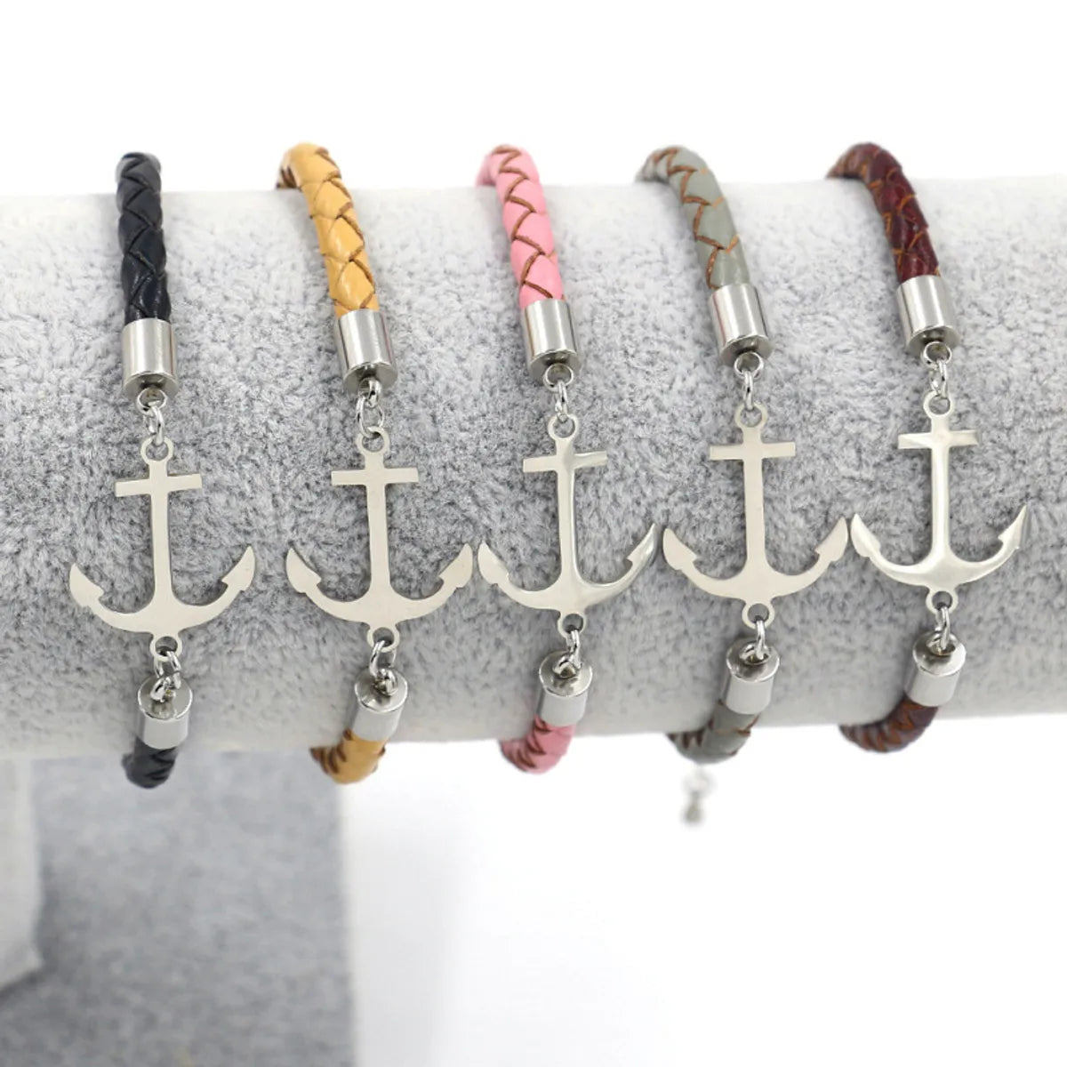 silver-plated bracelets for women -Fashion Anchor Stainless Steel Leather Patchwork Braid Bracelets