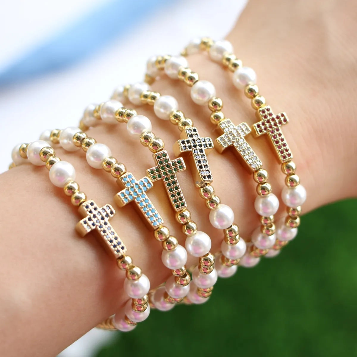 ethnic charm bracelets for women -Fashion Cross Copper Beaded Pearl Bracelets 1 Piece