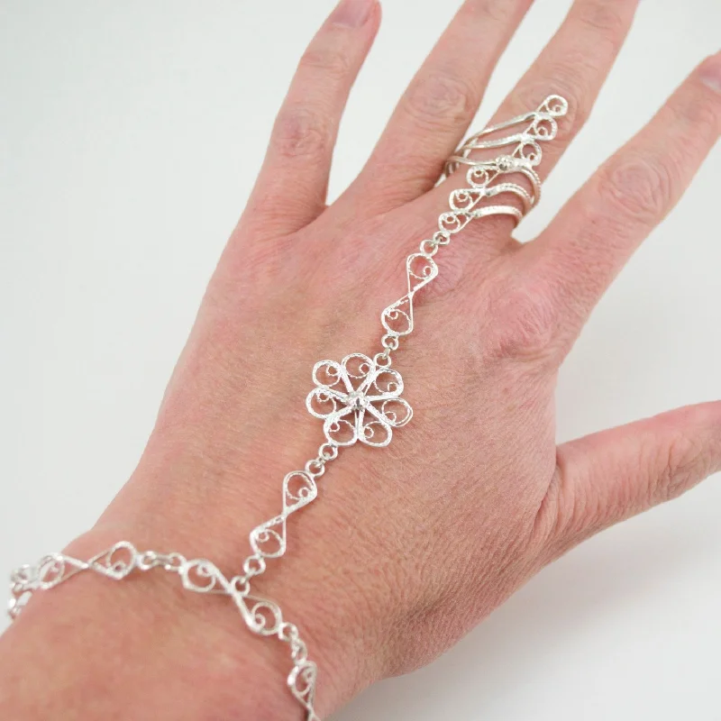 moon and star bracelets for women -Henna Filigree Silver Chain Bracelet - Ring Size 8