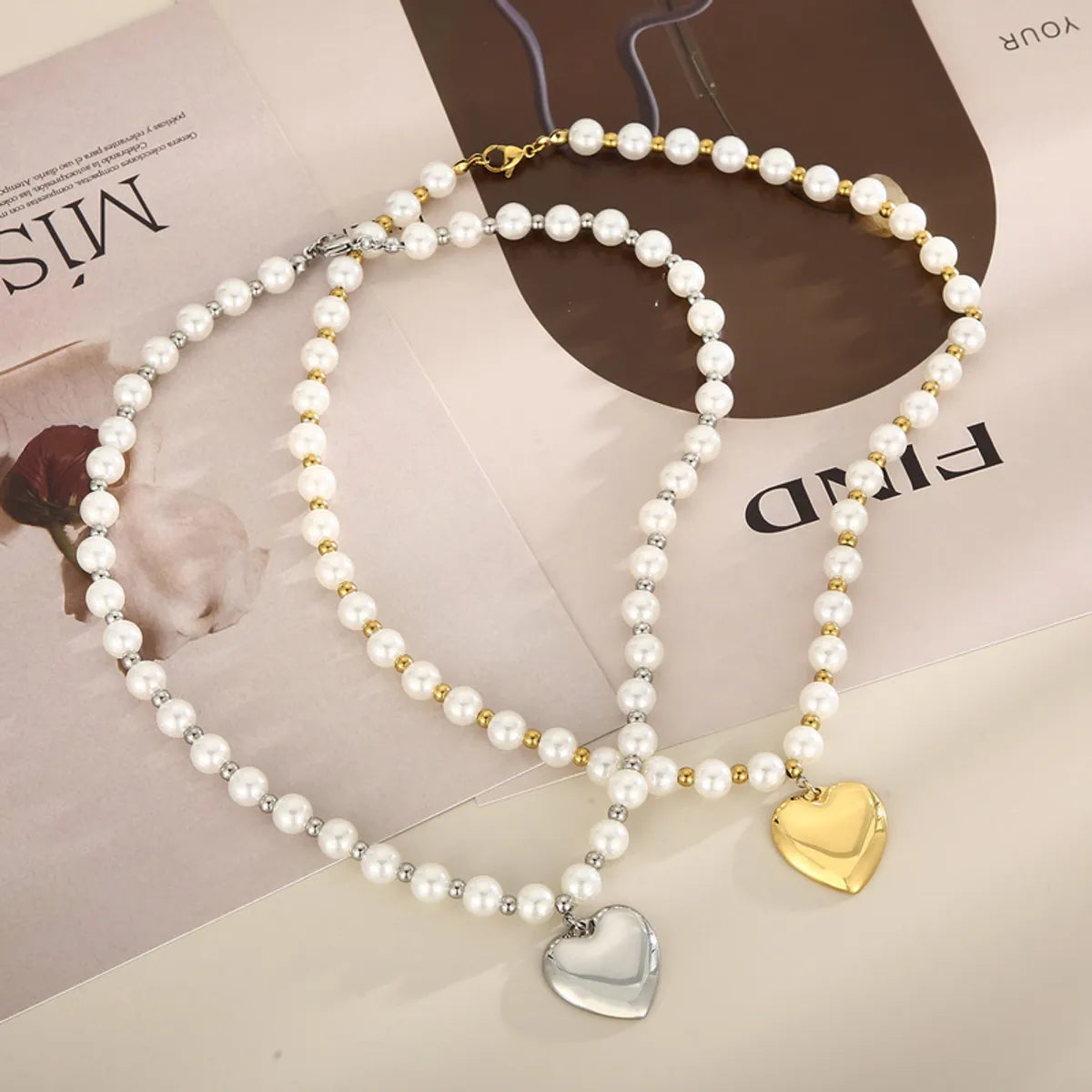 lucky charm bracelets for women -Fashion Heart Shape Titanium Steel Beaded Pearl Plating Bracelets Necklace