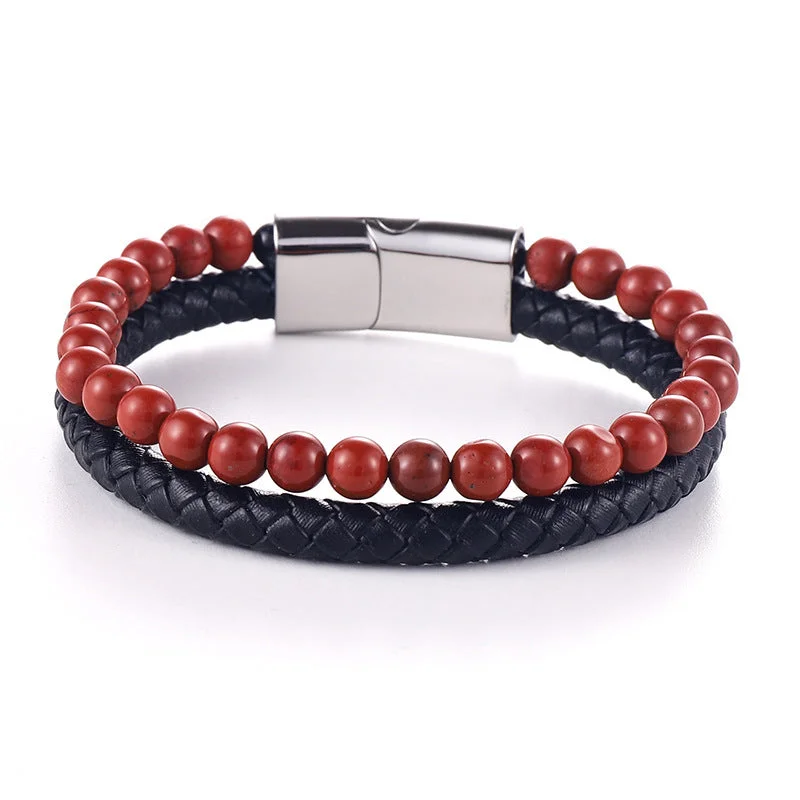 Genuine Leather Red Agate Bracelet