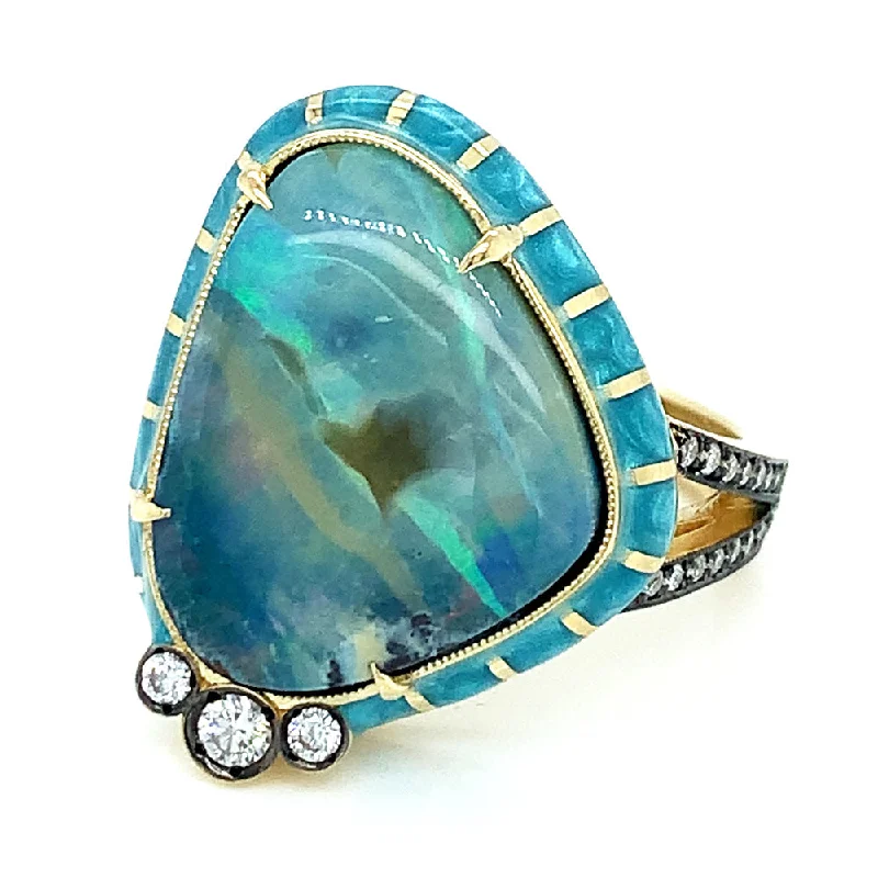 affordable engagement rings for women -Australian Opal, Diamond & Enamel Fashion Ring - "Rock Candy Aruba"