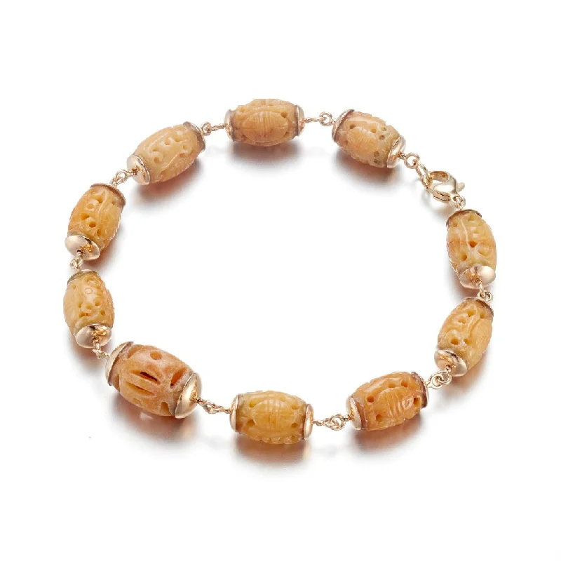 antique bracelets for women -Yellow Jade Carved Turtle Barrel Bead Bracelet