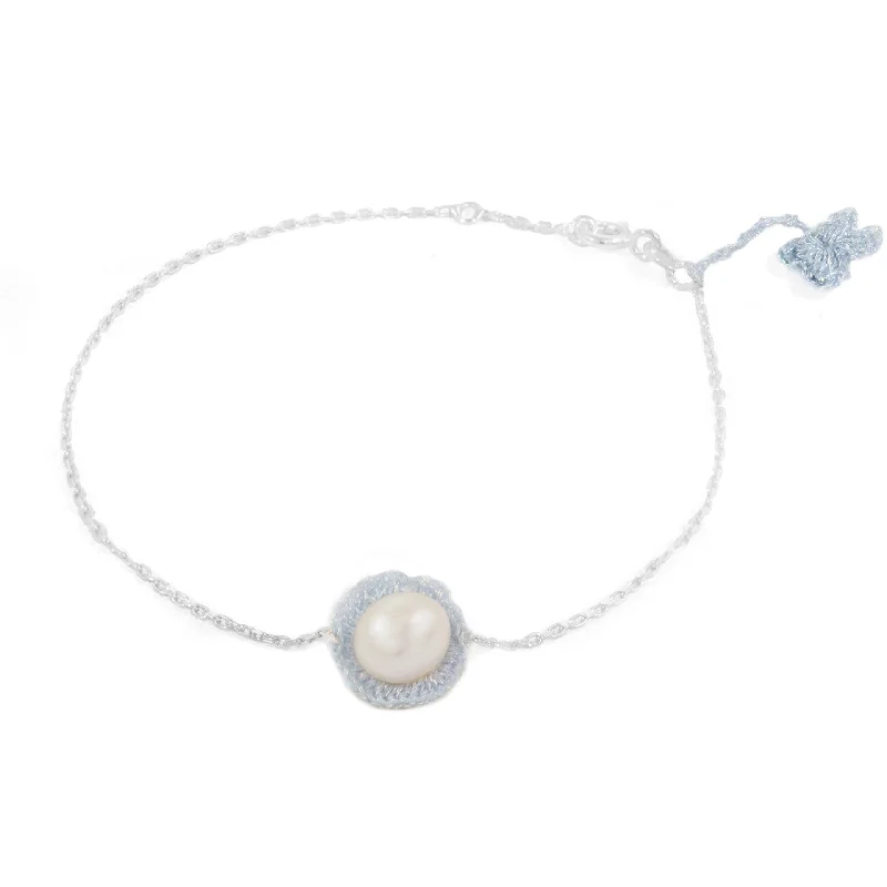 bar bracelets for women -Baby Blue Hand Crocheted and Pearl Bracelet by Atelier Godolé