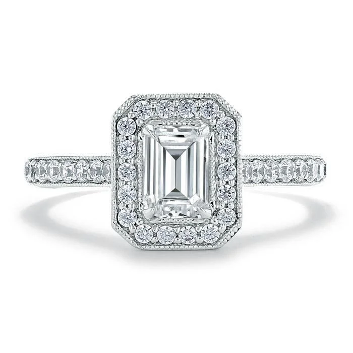 oval diamond engagement rings for women -Emerald Cut Moissanite Engagement Ring, Classic Halo