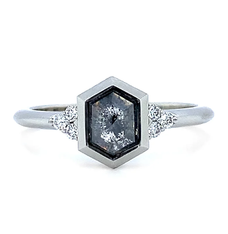 champagne diamond engagement rings for women -Hexagonal Salt & Pepper Diamond Ring - "Denise"