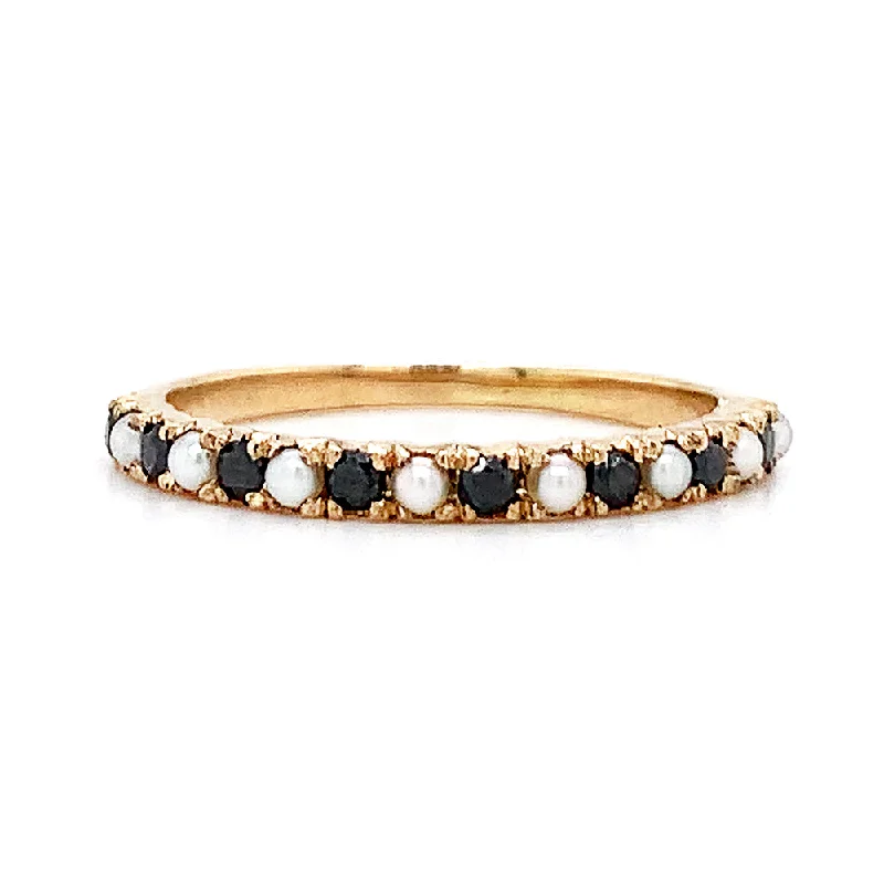 oval engagement rings with diamonds for women -Pearl & Black Diamond Yellow Gold Band - "Black & White"