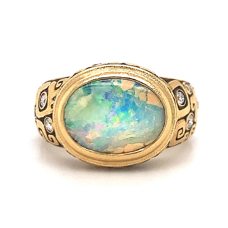 matching engagement and wedding rings for women -Australian Boulder Opal & Diamond Yellow Gold Ring - "Painted Sky"