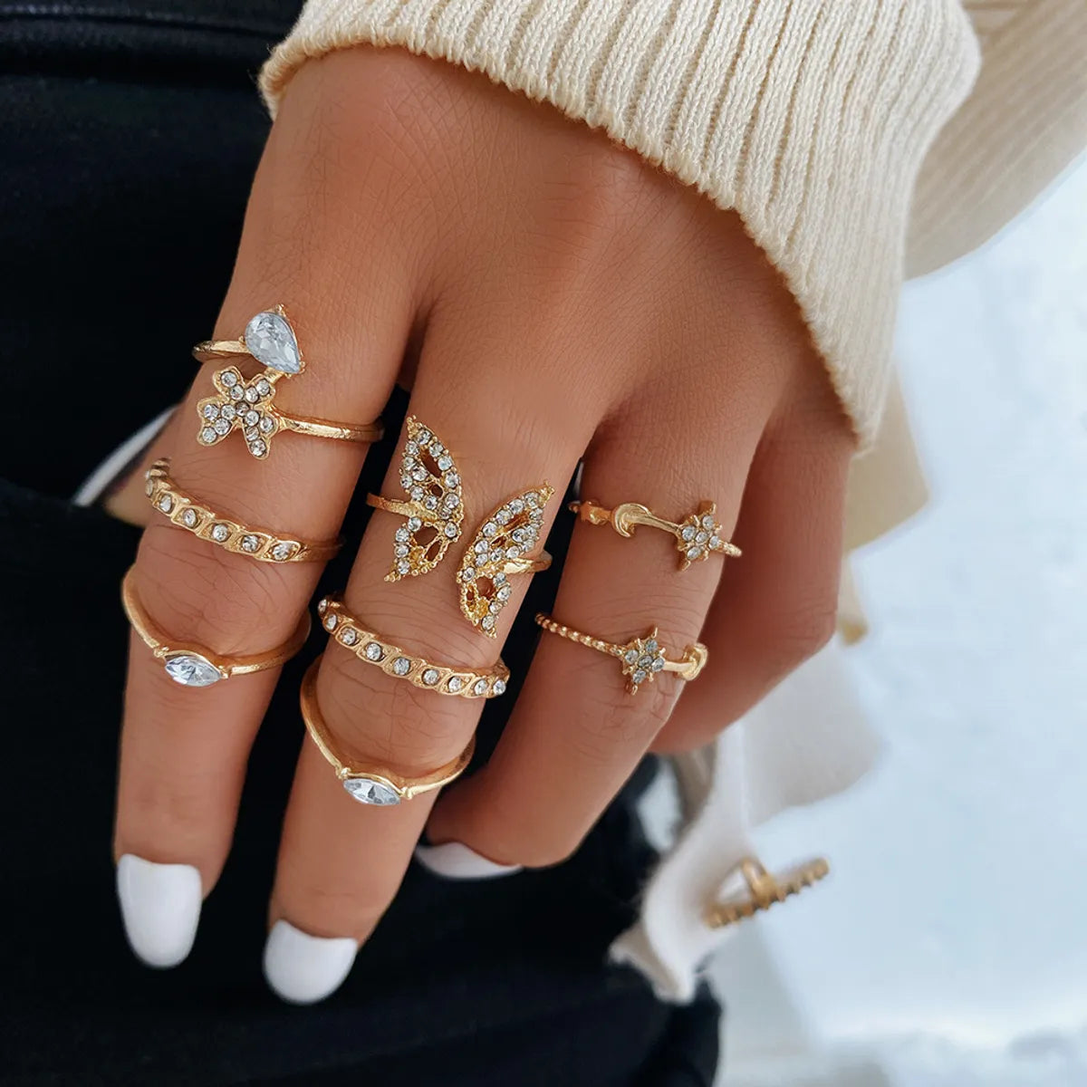 vintage-inspired engagement rings for women -Creative Simple Micro-Inlaid Diamond Butterfly Flower Knuckle Ring 8-Piece Set