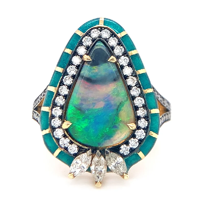 bridal engagement rings for women -Opal, Diamond, & Enamel Ring - "Glittering Peacock"