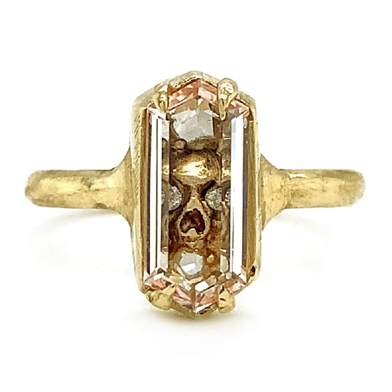 thin band engagement rings for women -Morganite, Diamond & Yellow Gold Skull Ring - "Into the Crypt"