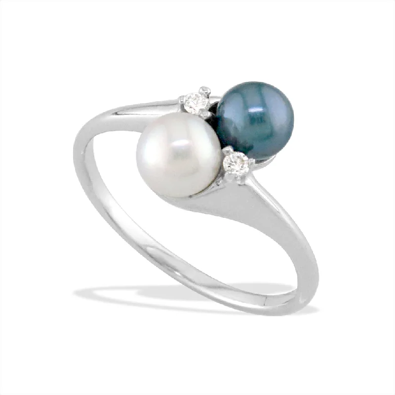 champagne diamond engagement rings for women -White and Blue Akoya Pearl Diamond Ring