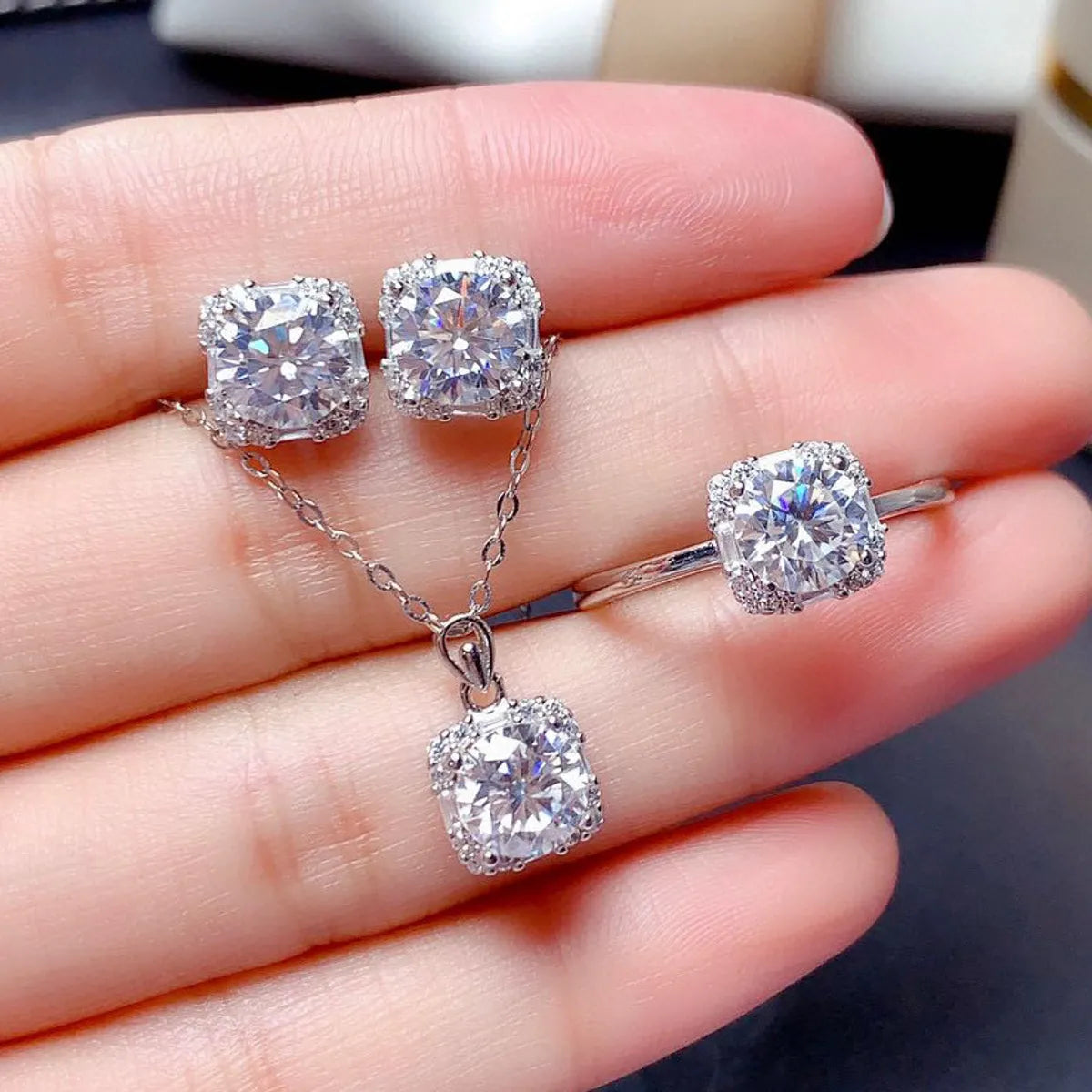 radiant cut engagement rings for women -Fashion Square Copper Inlay Artificial Diamond Rings Earrings Necklace