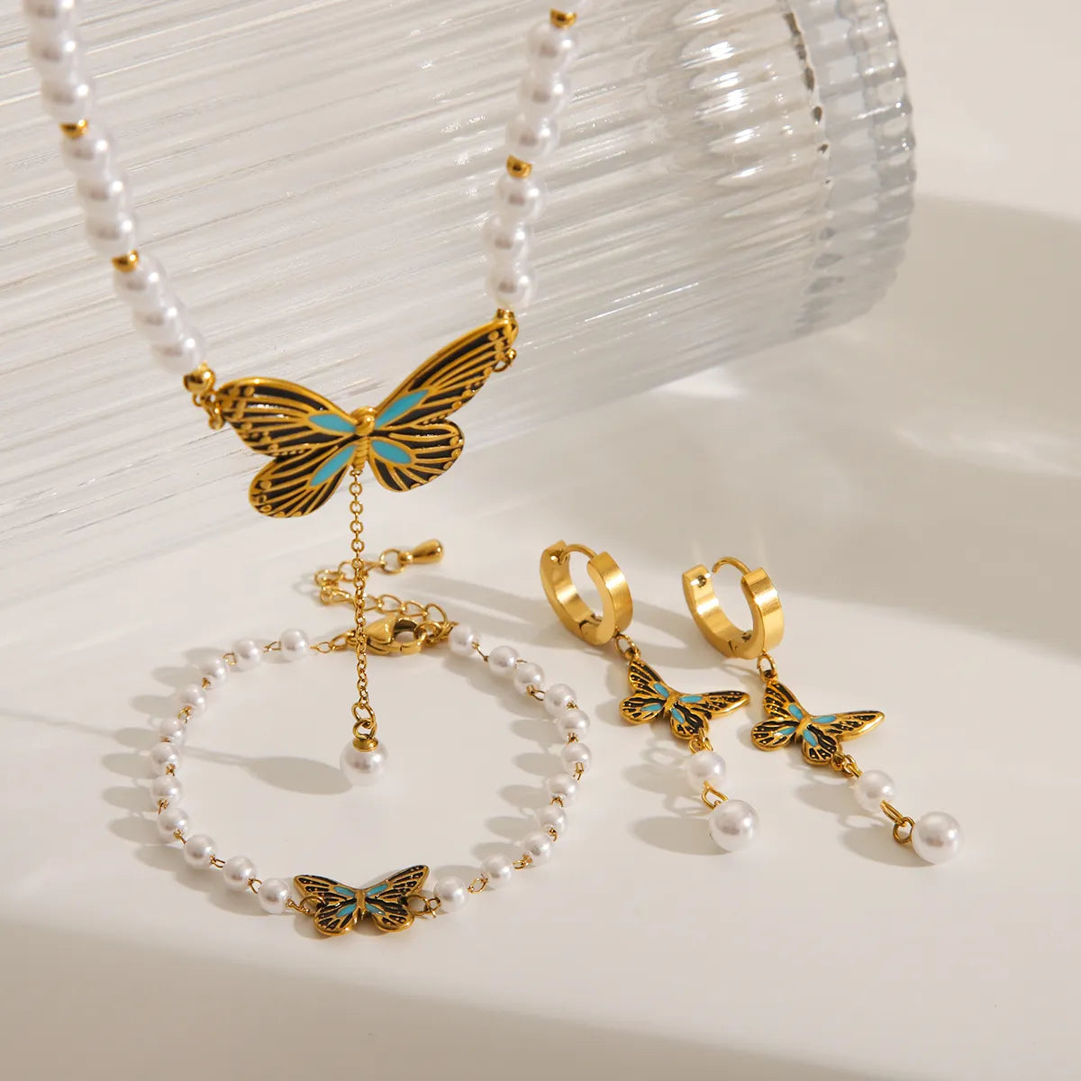 dainty bracelets for women -Casual Commute IG Style Butterfly 304 Stainless Steel Artificial Pearl Epoxy Inlay Artificial Pearls 18K Gold Plated Women'S Bracelets Earrings Necklace